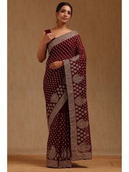 Soch - Womens Wine Georgette Embroidered Stone Work Saree with Unstitched Blouse