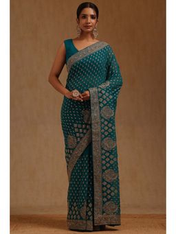 Soch - Womens Turquoise Blue Georgette Embroidered Stone Work Saree with Unstitched Blouse