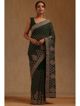 Soch - Womens Green Georgette Embroidered Stone Work Saree with Unstitched Blouse