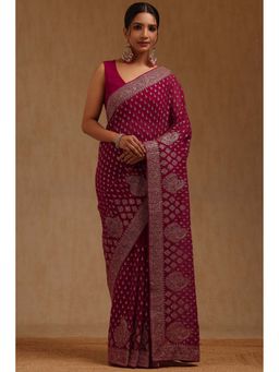 Soch - Womens Pink Georgette Embroidered Stone Work Saree with Unstitched Blouse