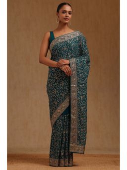 Soch - Womens Turquoise Blue Georgette Embroidered Zari Saree with Unstitched Blouse
