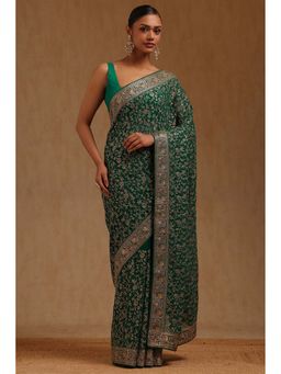 Soch - Womens Teal Green Georgette Embroidered Zari Saree with Unstitched Blouse