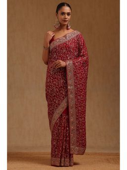 Soch - Womens Red Georgette Embroidered Zari Saree with Unstitched Blouse