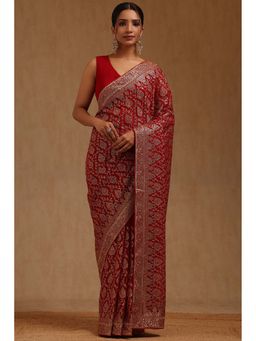 Soch - Womens Red Georgette Embroidered Stone Work Saree with Unstitched Blouse