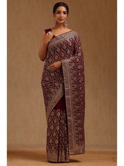 Soch - Womens Wine Georgette Embroidered Stone Work Saree with Unstitched Blouse