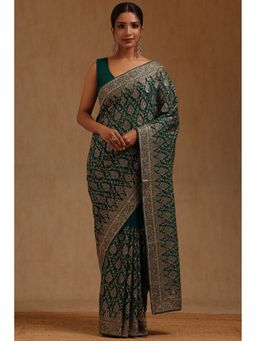 Soch - Womens Teal Green Georgette Embroidered Stone Work Saree with Unstitched Blouse