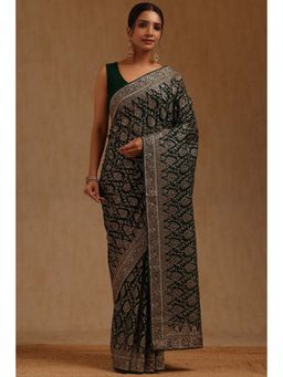 Soch - Womens Green Georgette Embroidered Stone Work Saree with Unstitched Blouse