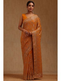 Soch - Womens Mustard Georgette Embroidered Stone Work Saree with Unstitched Blouse