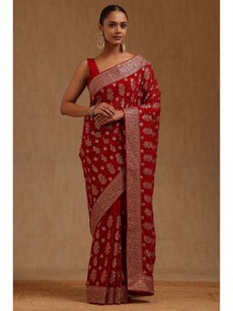 Soch - Womens Red Georgette Embroidered Stone Work Saree with Unstitched Blouse