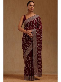 Soch - Womens Wine Georgette Embroidered Stone Work Saree with Unstitched Blouse