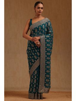 Soch - Womens Turquoise Blue Georgette Embroidered Stone Work Saree with Unstitched Blouse