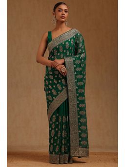 Soch - Womens Teal Green Georgette Embroidered Stone Work Saree with Unstitched Blouse