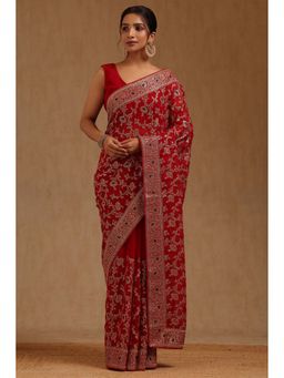 Soch - Womens Red Georgette Embroidered Stone Work Saree with Unstitched Blouse