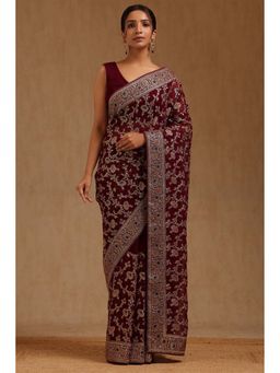 Soch - Womens Wine Georgette Embroidered Stone Work Saree with Unstitched Blouse