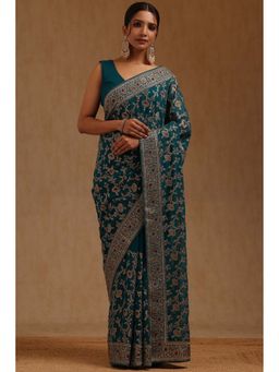 Soch - Womens Turquoise Blue Georgette Embroidered Stone Work Saree with Unstitched Blouse