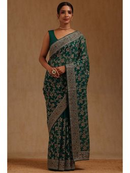 Soch - Womens Teal Green Georgette Embroidered Stone Work Saree with Unstitched Blouse