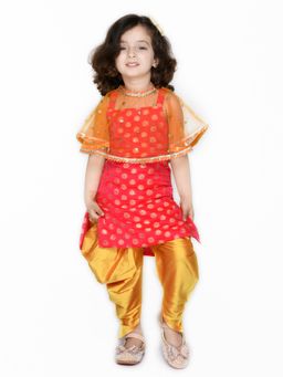 SAKA DESIGNS - Red Jacquard Kurta With Sequenced Cape And Orange Salwar