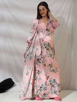 Sweet Dreams - Women Pink Floral Night Dress with Cover-Up (Set of 2)