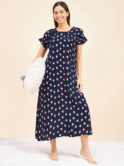 Sweet Dreams - Women Blue Printed Half Sleeves Calf Length Night Dress