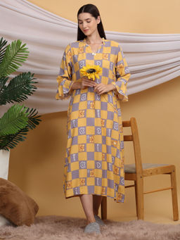 Sweet Dreams - Women Yellow Checkered Calf Length Night Dress