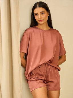 Sweet Dreams - Women Brown Silky T-shirt & Shorts (Set of 2)