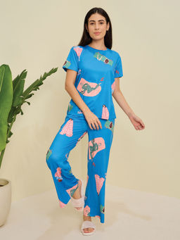 Sweet Dreams - Women Blue Printed T-shirt & Pyjama (Set of 2)