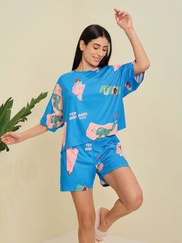 Sweet Dreams - Women Blue Printed T-shirt & Shorts (Set of 2)