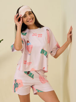 Sweet Dreams - Women Off White Printed T-shirt & Shorts (Set of 2)
