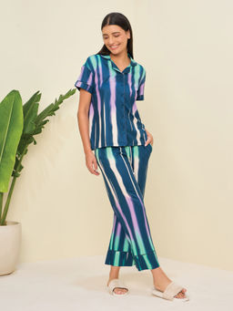 Sweet Dreams - Women Teal Striped Shirt & Pyjama (Set of 2)