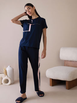 Sweet Dreams - Women Navy Blue Solid T-shirt & Pyjama (Set of 2)