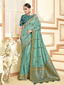 Odette - Green Silk Georgette Designer Saree with Unstitched Blouse