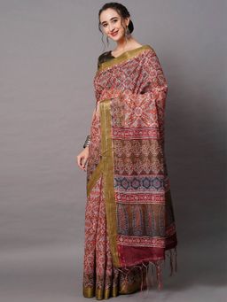 Odette - Grey Festive Linen Blend Printed Saree with Unstitched Blouse