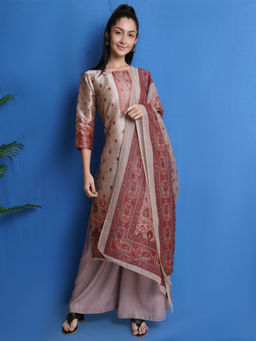 Stylee LIFESTYLE - Beige Pure Silk Digital Printed Dress Material (Set of 3)