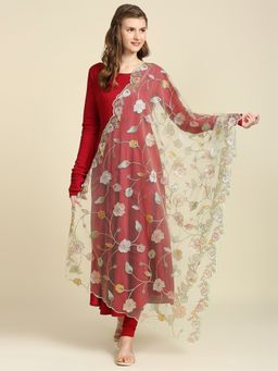 Dupatta Bazaar - Womens Floral Embroidered Light Green Net Dupatta with Cutwork Border