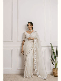 Ruhm - White Floral Aura Organza Saree with Stitched Blouse