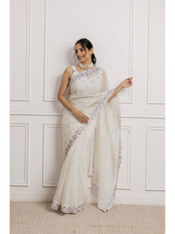 Ruhm - White Glistening Sheer Saree with Stitched Blouse