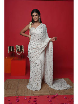 Ruhm - White Moonlit Charm Saree with Stitched Blouse