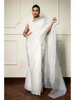 Ruhm - Opulent Ivory Pearl Silk Organza Saree with Stitched Blouse