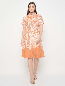 Madame - Botanical Print Cotton Blend Orange Shirt Dress with Belt