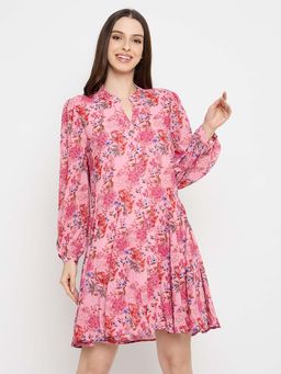 Madame - Pleated Floral Pink Mini Shirt Dress