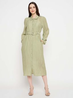 Madame - Crushed Tissue Belted Moss Green Shirt Dress with Belt