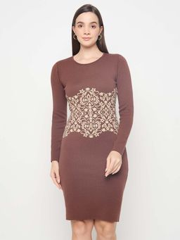 Madame - Abstract Printed Viscose Blend Coffee Brown Knitted Dress
