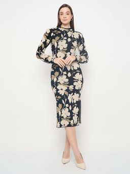 Madame - Floral Print Black Knitted Midi Dress