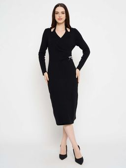 Madame - Cutout Detail Textured Accent Black Midi Dress