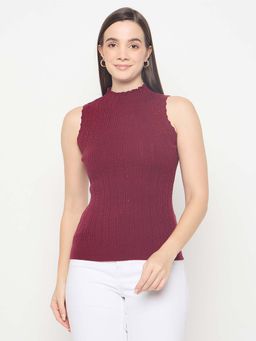 Madame - Metallic Fabric Maroon Sleeveless Sweater