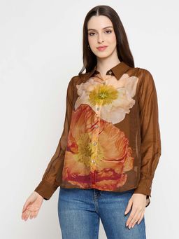 Madame - Floral Print Tencel Blend Brown Shirt