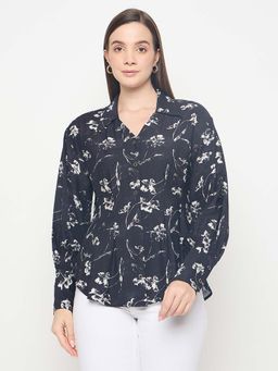 Madame - Floral Print Pintuck Detailed Black Shirt