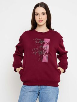 Madame - Typography Printed Maroon Pullover Sweatshirt