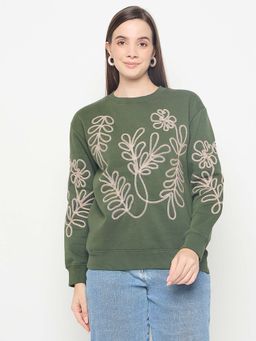 Madame - Floral Embroidery Cotton Blend Green Sweatshirt
