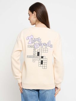 Madame - Graphic Printed Cotton Blend Cream Pullover Sweatshirt